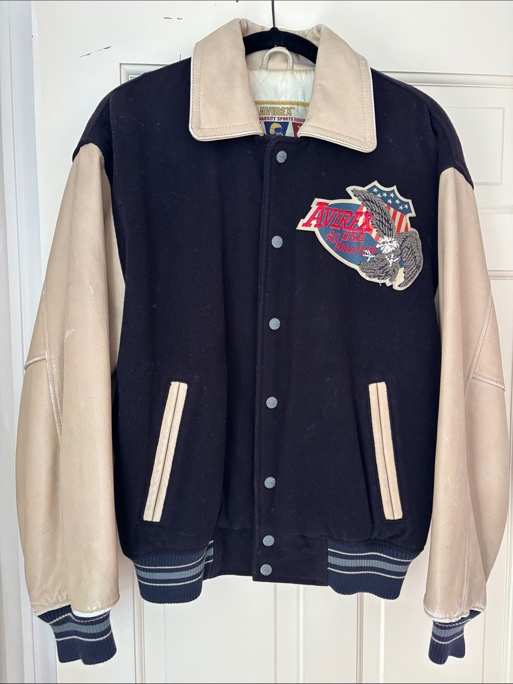 Avirex Two-Tone Black and Beige Varsity Bomber Jacket